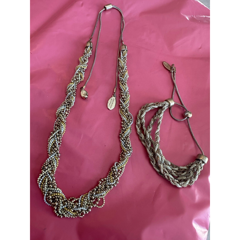 Set Ann Taylor Goldtone Tiny Bead Braided Multi Strand Adjust Necklace+ Bracelet